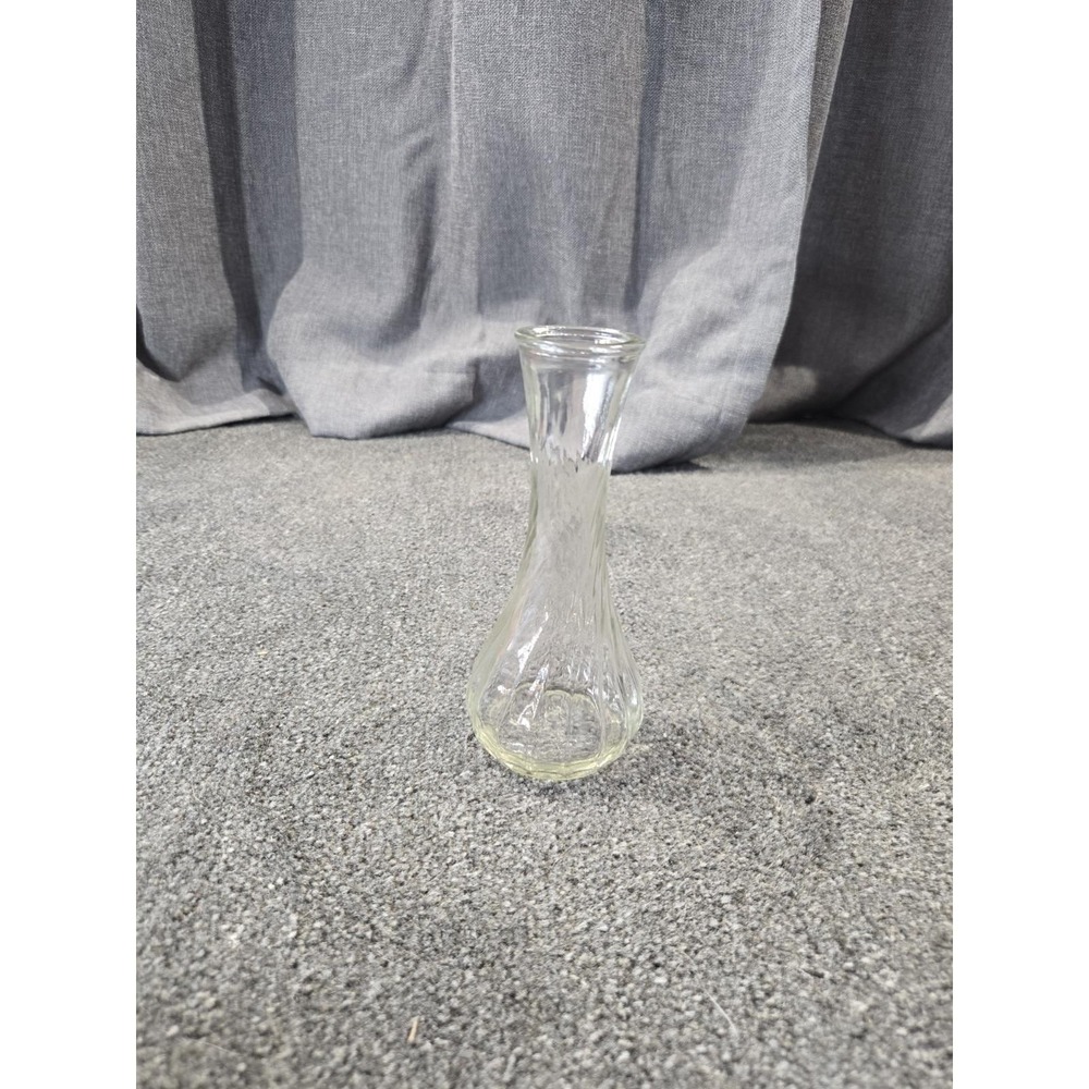 Hoosier Glass 4064 Pressed Clear Glass 6" Vintage Bud Vase Swirl Ribbed Curved